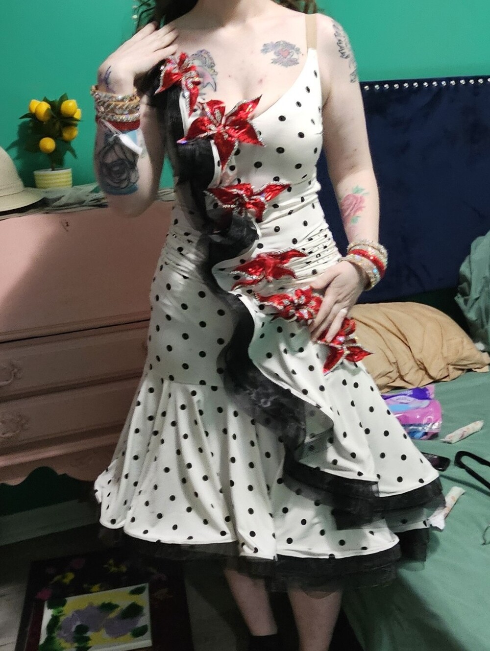 "Lola" - Polka Dot couture Valeria Designs Swing dresss w/ red Swarovski flowers - Picture 10 of 15
